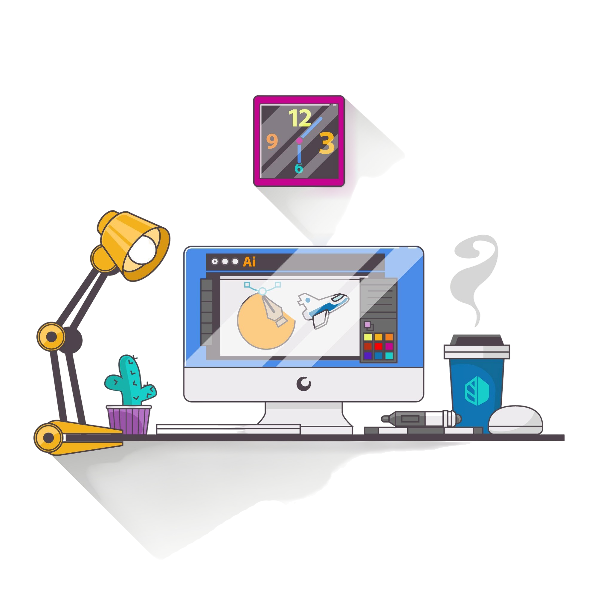 graphic-design-workspace-background-with-desk-tools PNG